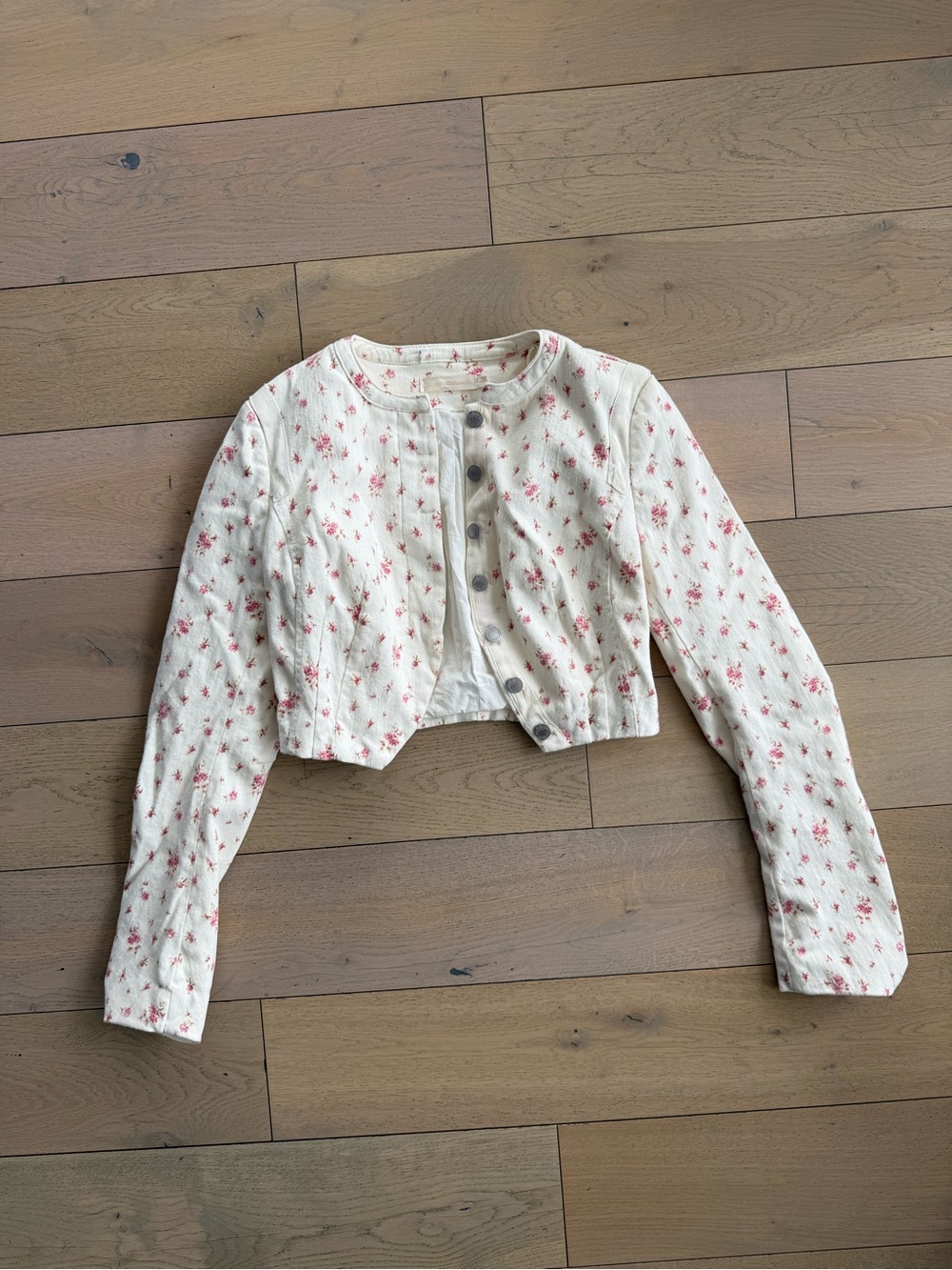 LoveShackFancy Cream Cropped Floral Jean Jacket with Pink Rose Print